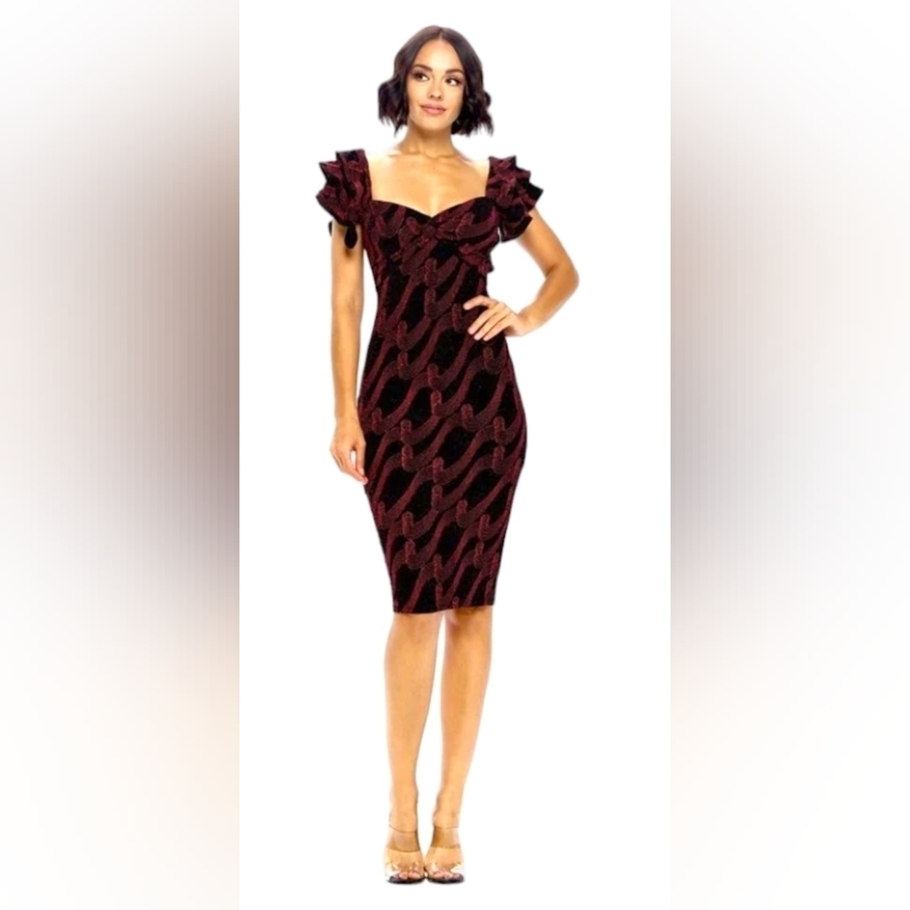 Gibiu | Embroidered Ruffle Shoulder Dress | Burgundy/Black